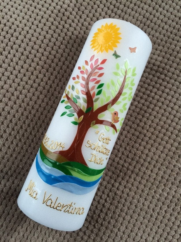 Taufkerze Lebensbaum Baum Mädchen Junge Kerze -Taufe - Handarbeit - keine Folie - inkl. Wachsbeschriftung