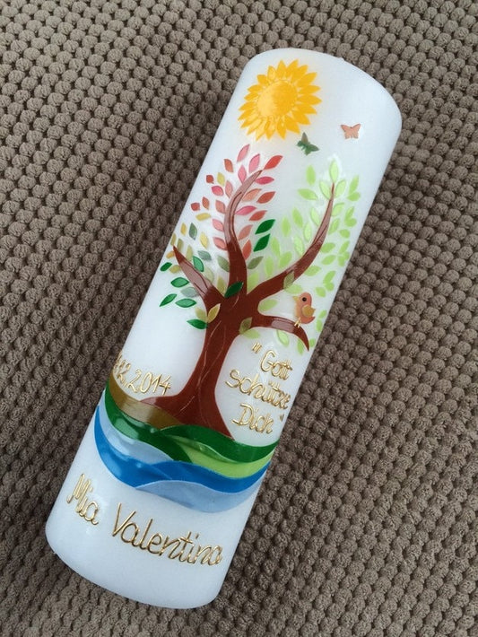 Taufkerze Lebensbaum Baum Mädchen Junge Kerze -Taufe - Handarbeit - keine Folie - inkl. Wachsbeschriftung