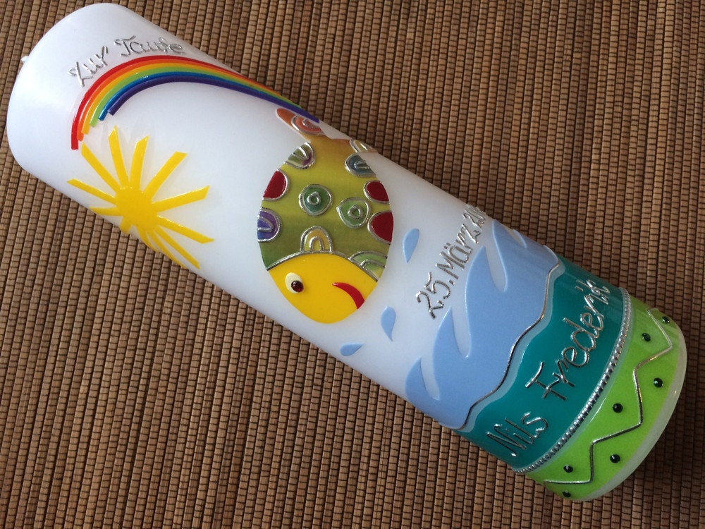 Taufkerze bunter Fisch Mädchen Junge Original - Wasser - Kerze - Taufe - Handarbeit - keine Folie - inkl. Wachsbeschriftung