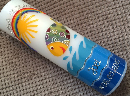 Taufkerze Fisch Mädchen Junge Taufe - Handarbeit - keine Folie - inkl. Wachsbeschriftung