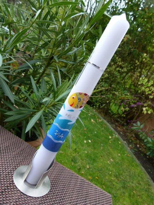 Taufkerze - Kommunionkerze - bunter Fisch - Fisch - Mädchen - Junge - Handarbeit - keine Folie - inkl. Wachsbeschriftung