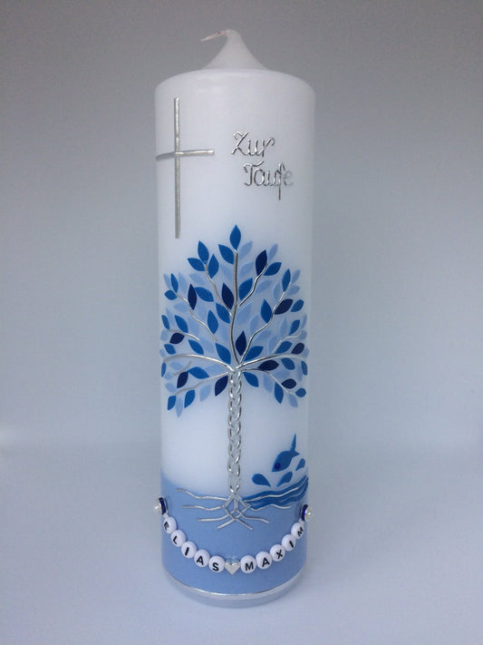 Taufkerze Lebensbaum, Junge,Maedchen, Taufe - Handarbeit - keine Folie - inkl. Wachsbeschriftung
