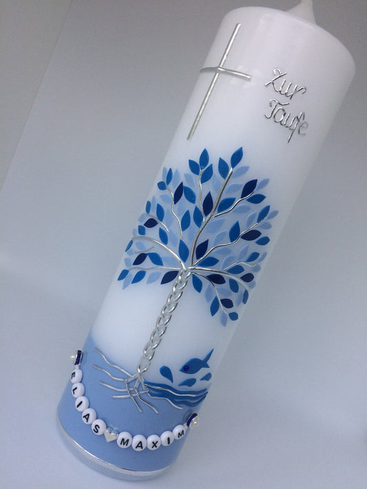 Taufkerze Lebensbaum, Junge,Maedchen, Taufe - Handarbeit - keine Folie - inkl. Wachsbeschriftung