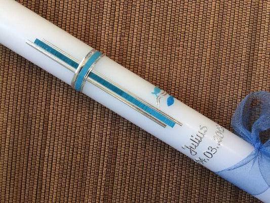 Kommunionkerze Taufkerze Kommunionskerze Junge, zur Taufe, Kommunion, Erstkommunion, inkl. Beschriftung, Wachsverzierung und Beschriftung