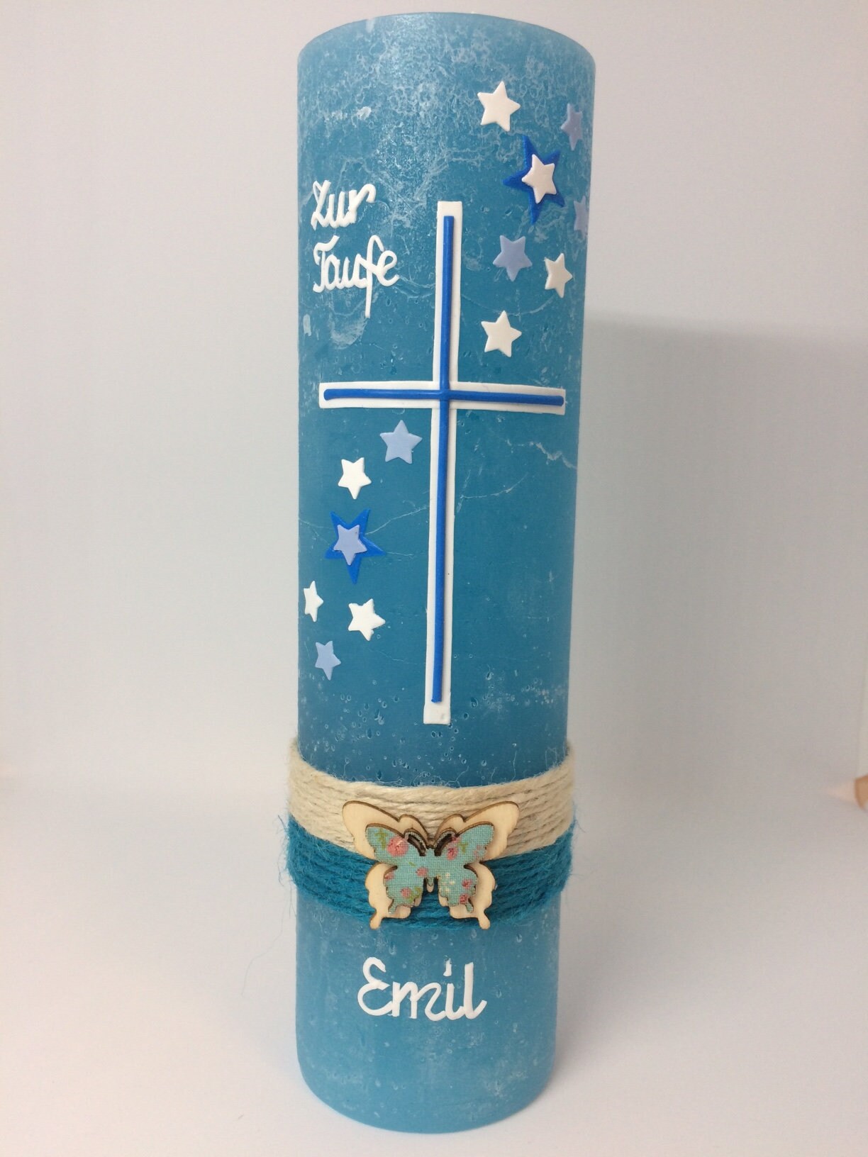 RUSTICA, VINTAGE-Look, SHABBY, Rustikal, Taufkerze, Kreuz, Mädchen, Junge, Kerze, Taufe, keine Folie, inkl Wachsbeschriftung