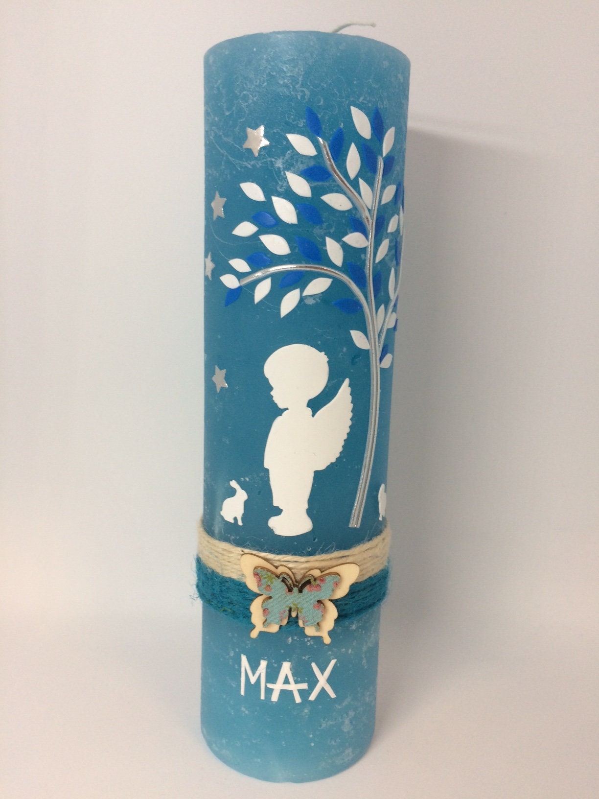 Taufkerze Junge RUSTICA, VINTAGE-Look, SHABBY, Lebensbaum, Schutzengel, Engel, Baum, Taufe, inkl Wachsbeschriftung