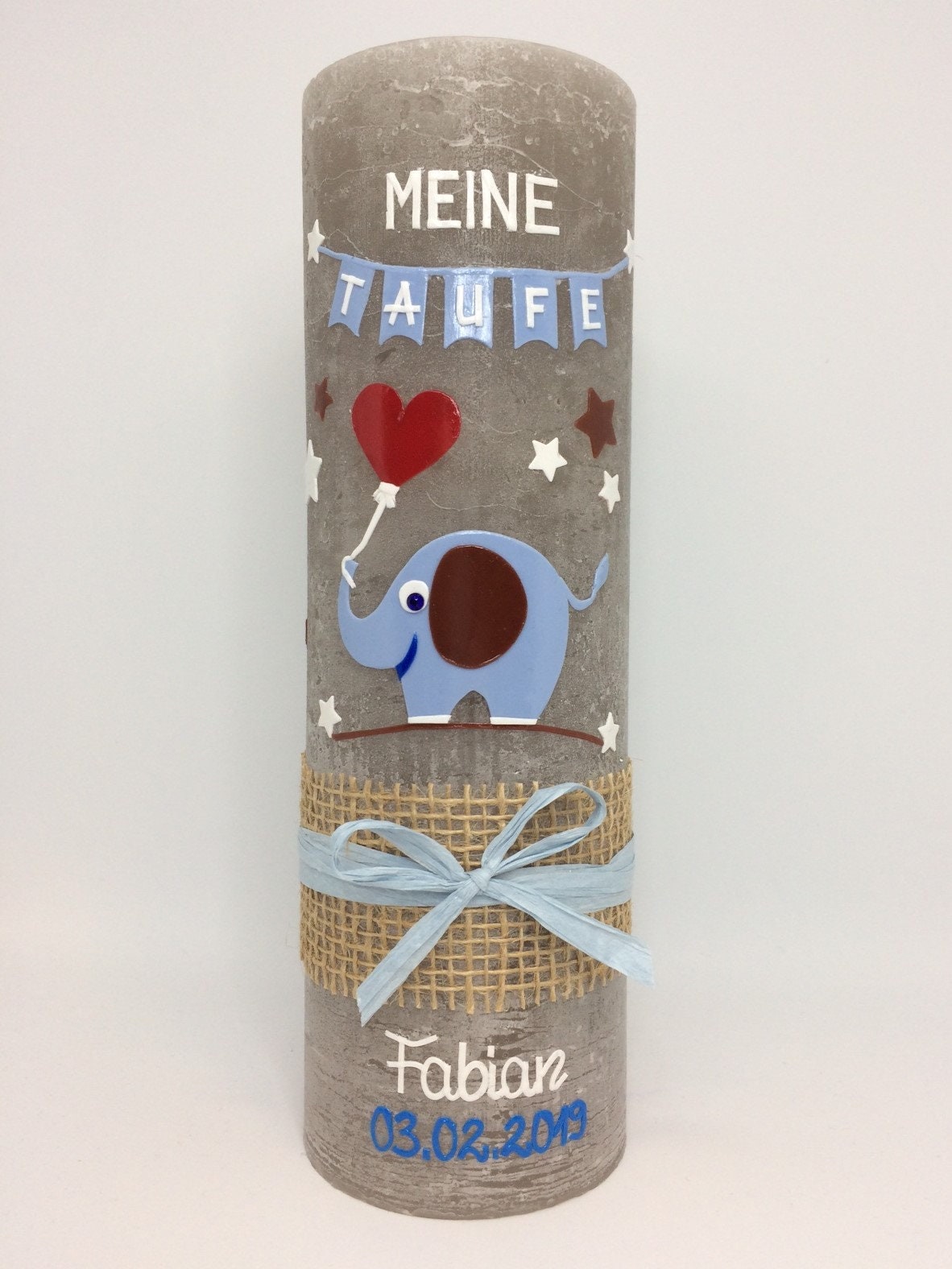 Taufkerze Rustikal Elefant, Jungen, Mädchen, VINTAGE-Look, SHABBY, Rustica
