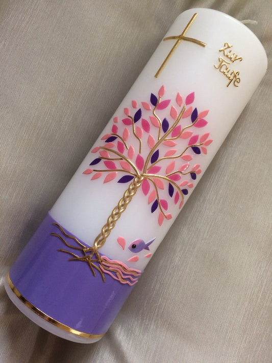 Kerze zur Taufe, Taufkerze Lebensbaum, Baum, inkl. handgearbeiteter Wachsbeschriftung, Mädchen, Jungen, Farbwünsche, katholische Taufe