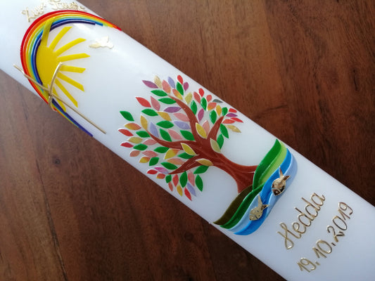 Taufkerze, Lebensbaum, Baum, Mädchen, Junge, Kerze, Taufe, Handarbeit, keine Folie, inkl. Wachsbeschriftung, Sonne, katholisch, evangelisch