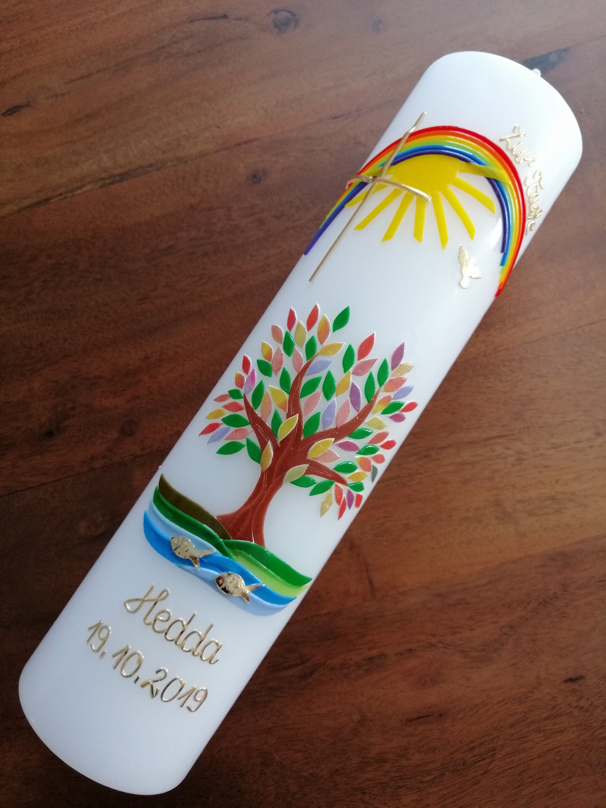 Taufkerze, Lebensbaum, Baum, Mädchen, Junge, Kerze, Taufe, Handarbeit, keine Folie, inkl. Wachsbeschriftung, Sonne, katholisch, evangelisch