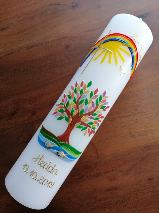 Taufkerze, Lebensbaum, Baum, Mädchen, Junge, Kerze, Taufe, Handarbeit, keine Folie, inkl. Wachsbeschriftung, Sonne, katholisch, evangelisch