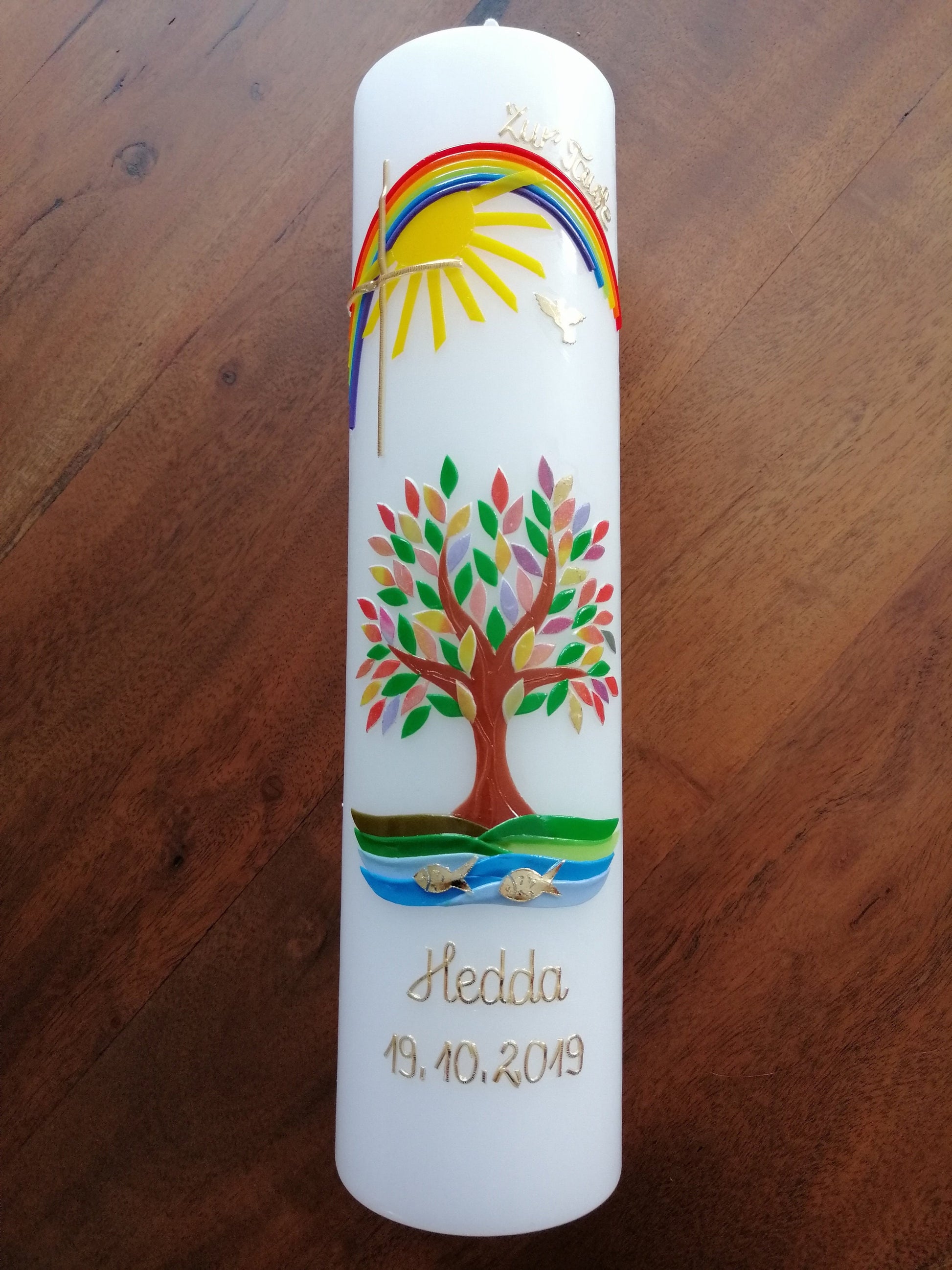 Taufkerze, Lebensbaum, Baum, Mädchen, Junge, Kerze, Taufe, Handarbeit, keine Folie, inkl. Wachsbeschriftung, Sonne, katholisch, evangelisch