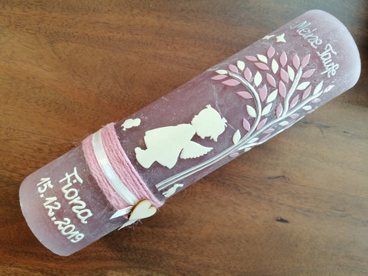 TAUFKERZE VINTAGE-Look RUSTIK, Rustikal, Lebensbaum, Schutzengel, Engel, Baum, Mädchen, Junge, Kerze, Taufe, inkl Wachsbeschriftung