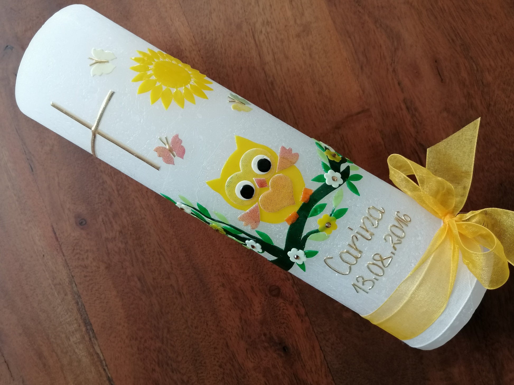 Taufkerze Mädchen, Eule, Uhu, Kauz, Käuzchen, Junge, Kerze, Taufe, keine Folie, Wachsbeschriftung