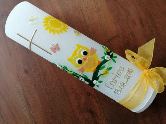 Taufkerze Mädchen, Eule, Uhu, Kauz, Käuzchen, Junge, Kerze, Taufe, keine Folie, Wachsbeschriftung