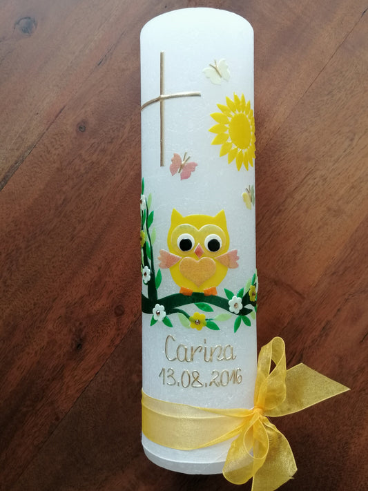 Taufkerze Mädchen, Eule, Uhu, Kauz, Käuzchen, Junge, Kerze, Taufe, keine Folie, Wachsbeschriftung