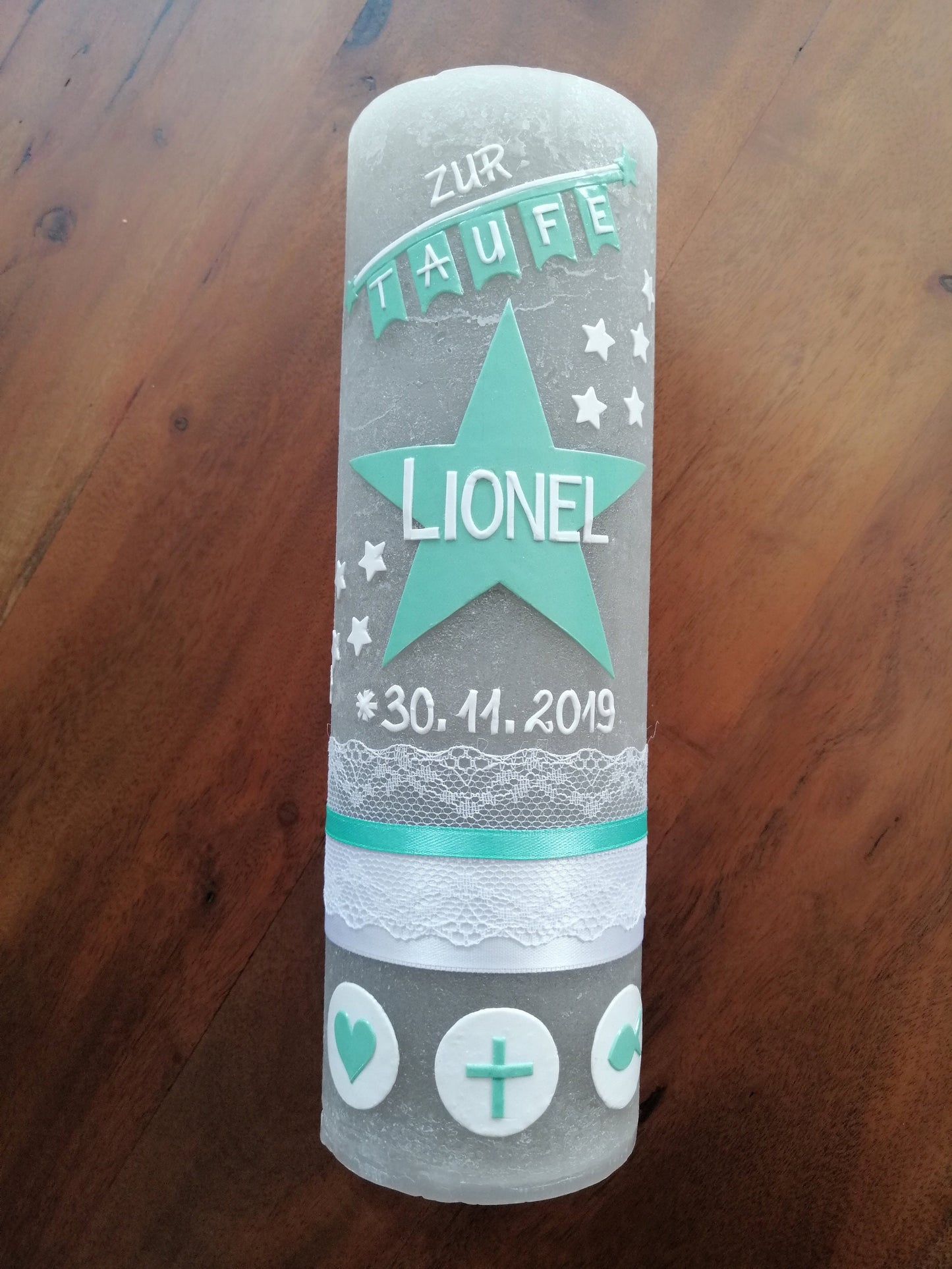 RUSTICA, VINTAGE-Look, SHABBY, Rustikal, Taufkerze, Stern, Wimpel, Mädchen, Junge, Kerze, Taufe, keine Folie, inkl Wachsbeschriftung