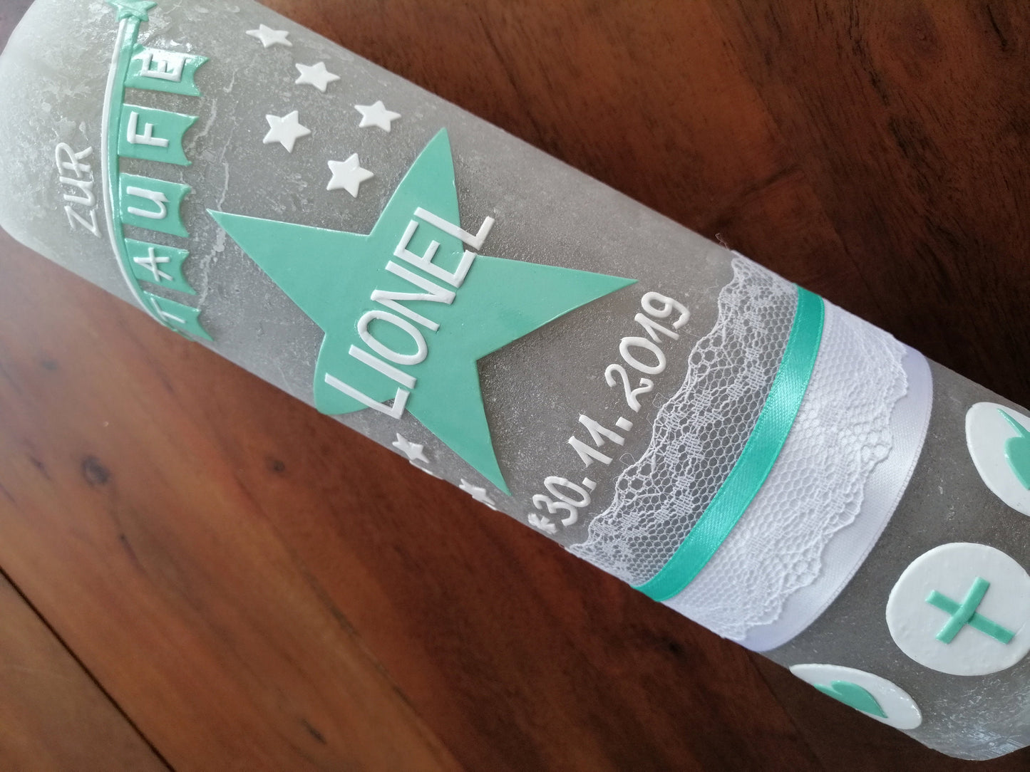 RUSTICA, VINTAGE-Look, SHABBY, Rustikal, Taufkerze, Stern, Wimpel, Mädchen, Junge, Kerze, Taufe, keine Folie, inkl Wachsbeschriftung