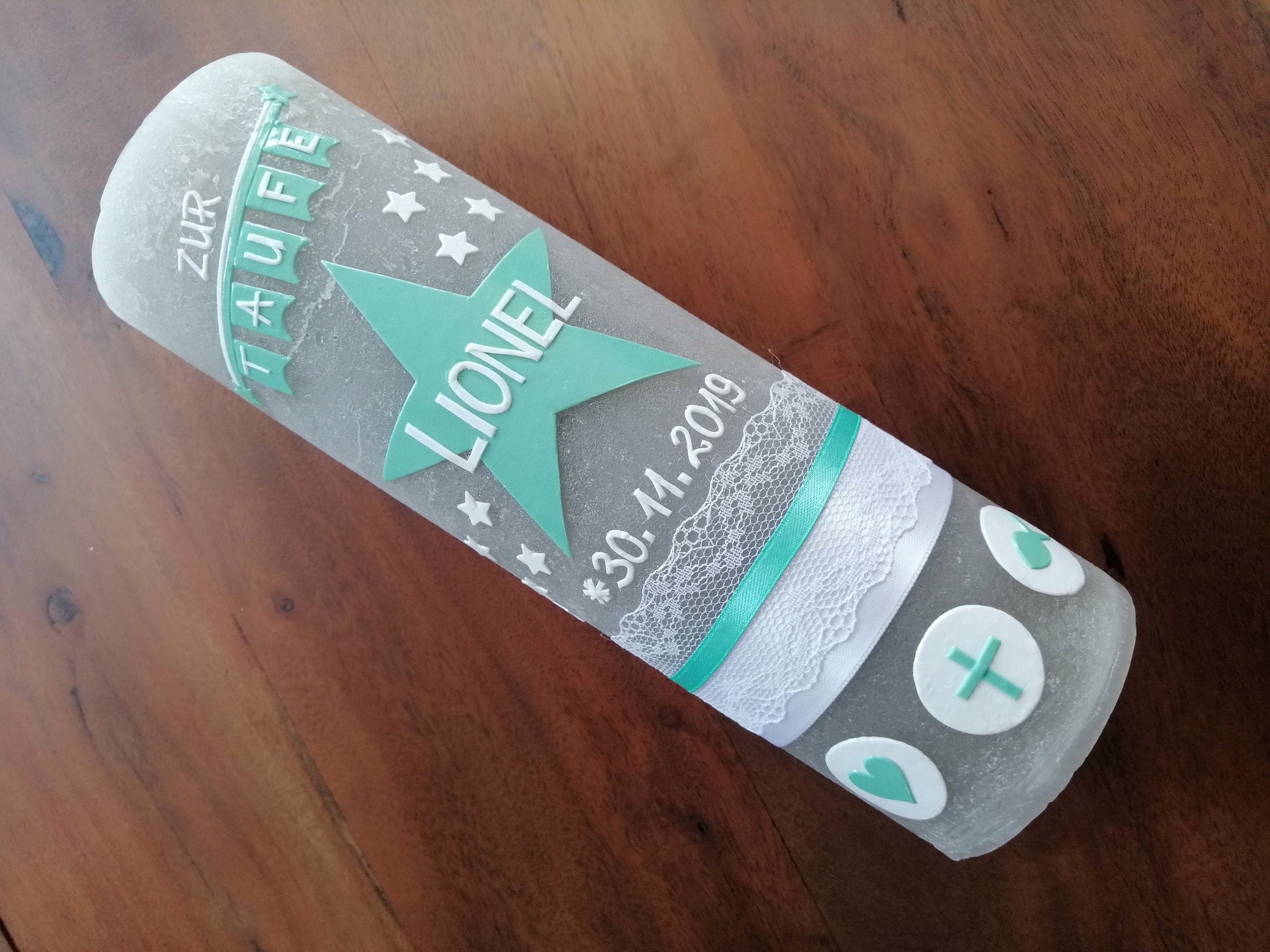 RUSTICA, VINTAGE-Look, SHABBY, Rustikal, Taufkerze, Stern, Wimpel, Mädchen, Junge, Kerze, Taufe, keine Folie, inkl Wachsbeschriftung