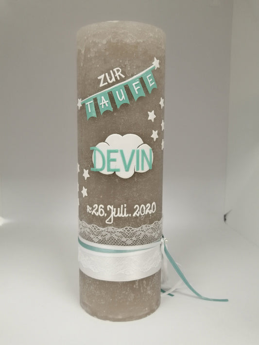 RUSTICA, VINTAGE-Look, SHABBY, Rustikal, Taufkerze, Wolke, Wimpel, Mädchen, Junge, Kerze, inkl Wachsbeschriftung - Teelichteinsatz möglich