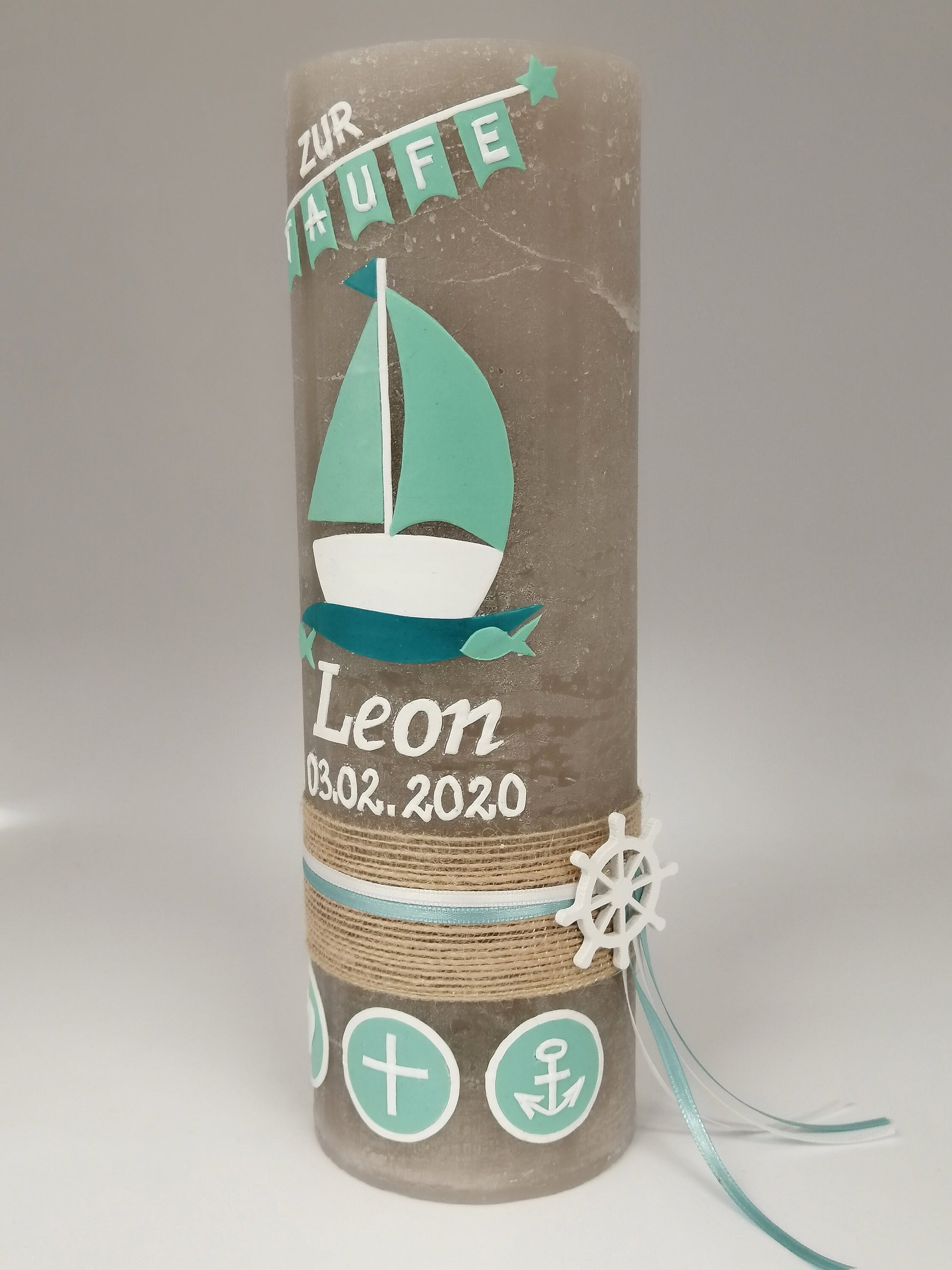 RUSTICA, VINTAGE-Look, SHABBY, Rustikal, Taufkerze, Boot, Arche, Mädchen, Junge, Kerze, keine Folie, Wachsbeschriftung, Farbwünsche möglich