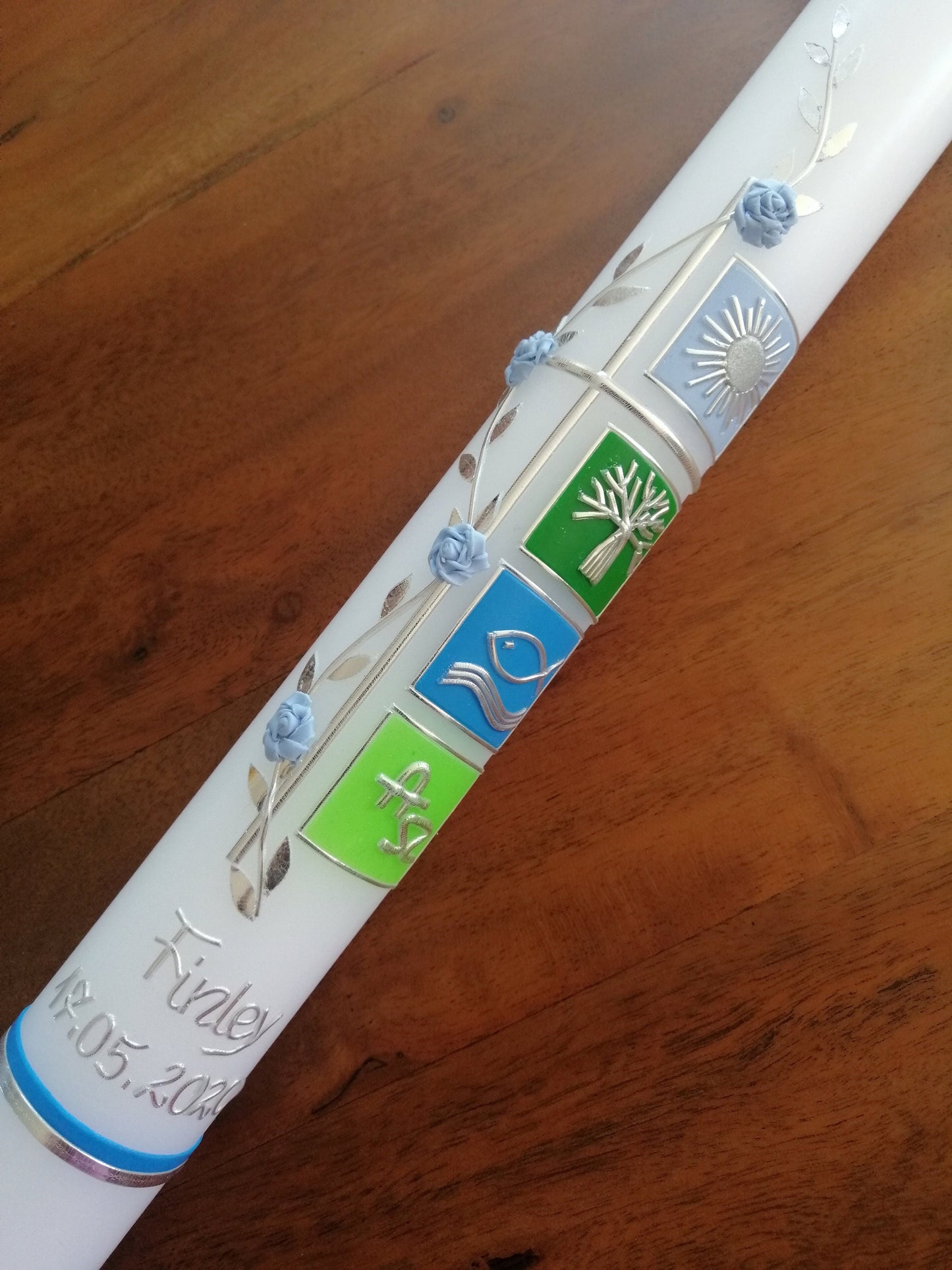 TAUFKERZE Junge 40x4, Kreuz, blau