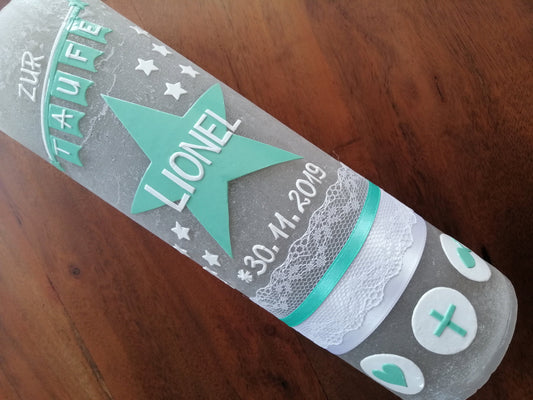 RUSTICA, VINTAGE-Look, SHABBY, Rustikal, Taufkerze, Stern, Wimpel, Mädchen, Junge, Kerze, Taufe, keine Folie, inkl Wachsbeschriftung