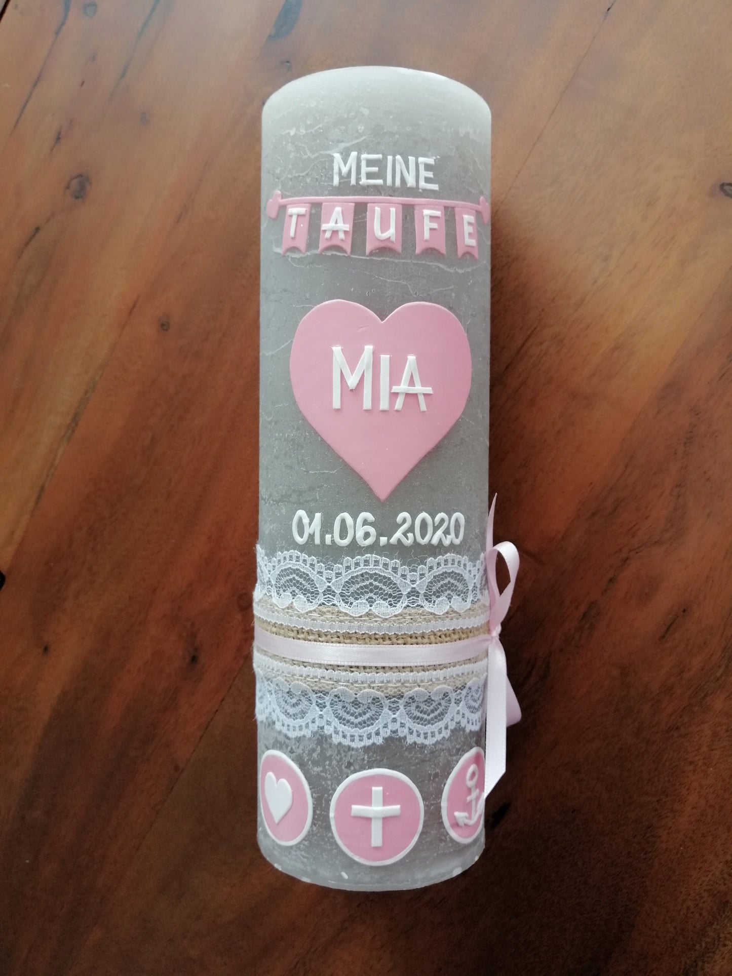 RUSTICA, VINTAGE-Look, SHABBY, Rustikal, Taufkerze, Herz, Wimpel, Mädchen, Junge, Kerze, Taufe, keine Folie, inkl Wachsbeschriftung