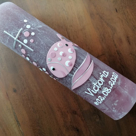 RUSTICA, VINTAGE-Look, SHABBY, Rustikal, Taufkerze, Fisch, Mädchen, Junge, Kerze, Taufe, keine Folie, Wachsbeschriftung, Farbwünsche möglich