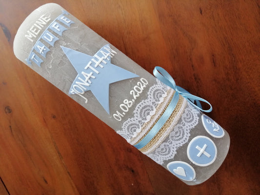 RUSTICA, VINTAGE-Look, SHABBY, Rustikal, Taufkerze, Stern, Wimpel, Mädchen, Junge, Kerze, inkl Wachsbeschriftung - Teelichteinsatz möglich