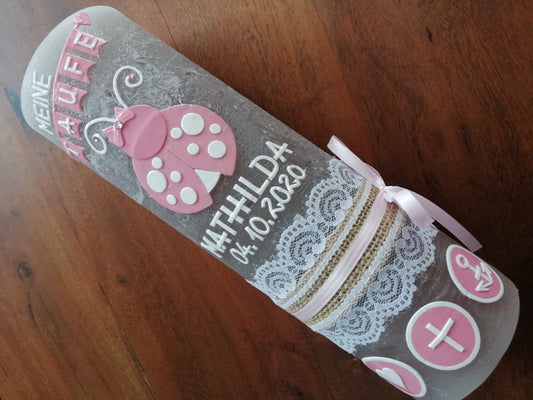 Taufkerze Rustikal Mädchen, VINTAGE-Look, SHABBY, Rustica, Taufkerze, Marienkäfer