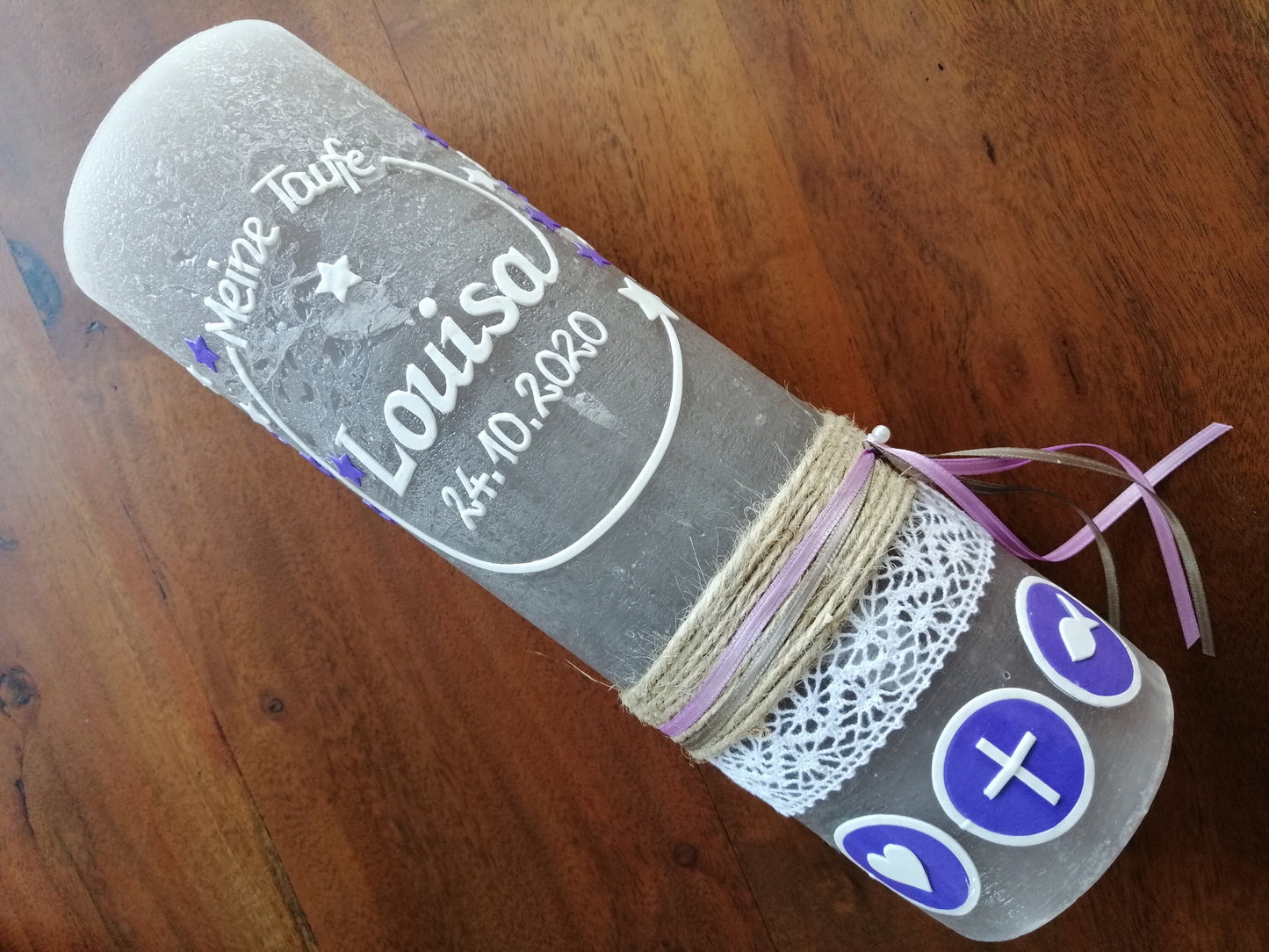 Taufkerze Mädchen Rustikal, RUSTICA, VINTAGE-Look, SHABBY, Junge, Kerze, Taufe, keine Folie, inkl Wachsbeschriftung