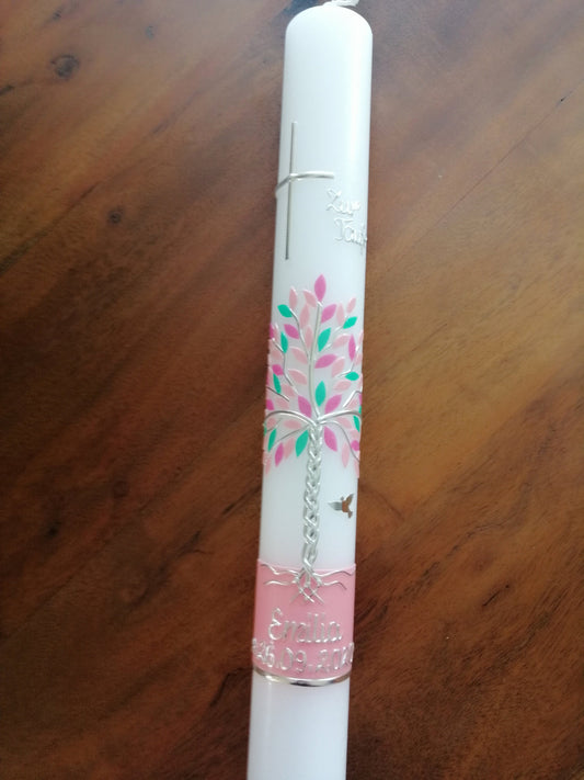 Kommunionkerze 40x4 Lebensbaum, inkl. Beschriftungen, Mädchen, Junge, Farbwünsche möglich, Kerze zur Taufe, Baum, Wachsverzierungen