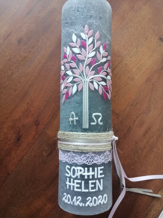 RUSTICA, VINTAGE-Look, SHABBY, Rustikal, Taufkerze, Lebensbaum, Baum, Mädchen, Junge, Kerze, Taufe, keine Folie, inkl Wachsbeschriftung