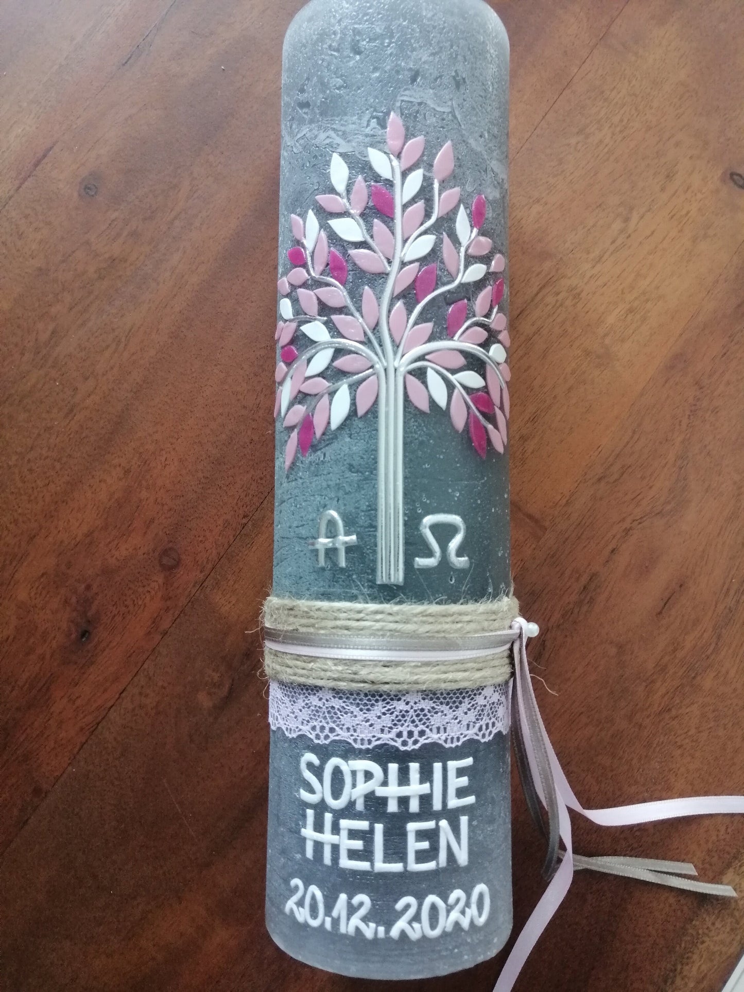 RUSTICA, VINTAGE-Look, SHABBY, Rustikal, Taufkerze, Lebensbaum, Baum, Mädchen, Junge, Kerze, Taufe, keine Folie, inkl Wachsbeschriftung