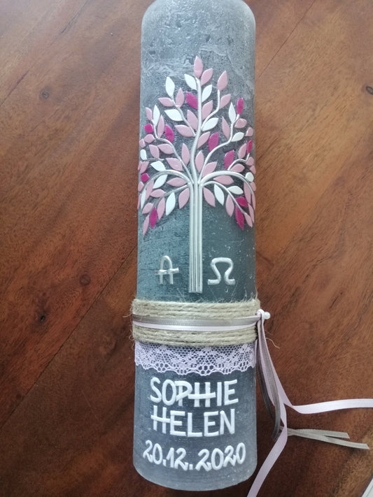 RUSTICA, VINTAGE-Look, SHABBY, Rustikal, Taufkerze, Lebensbaum, Baum, Mädchen, Junge, Kerze, Taufe, keine Folie, inkl Wachsbeschriftung