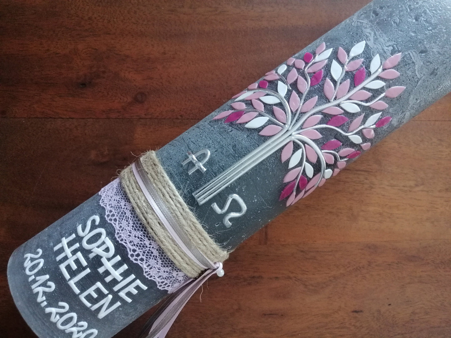 RUSTICA, VINTAGE-Look, SHABBY, Rustikal, Taufkerze, Lebensbaum, Baum, Mädchen, Junge, Kerze, Taufe, keine Folie, inkl Wachsbeschriftung