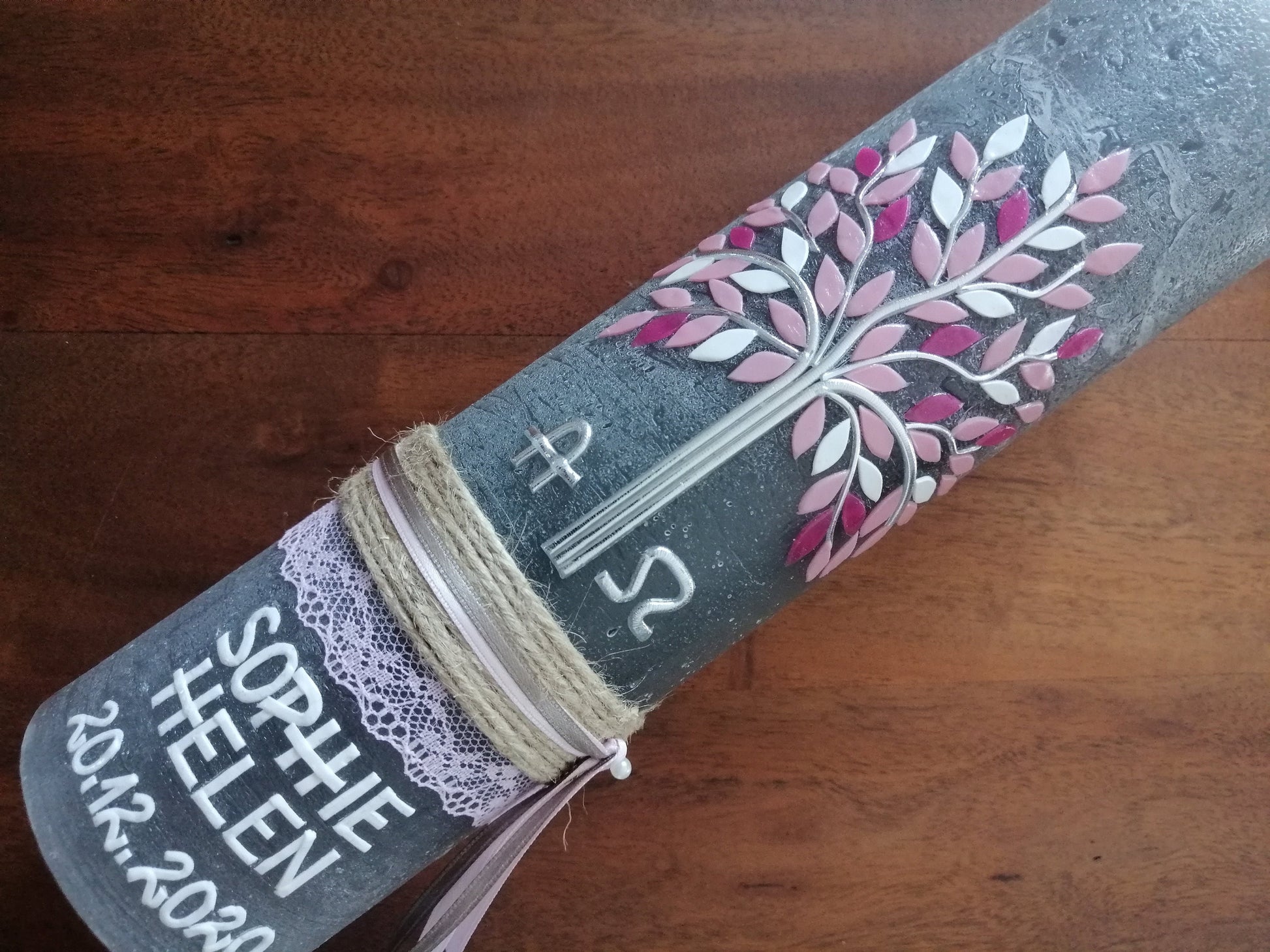 RUSTICA, VINTAGE-Look, SHABBY, Rustikal, Taufkerze, Lebensbaum, Baum, Mädchen, Junge, Kerze, Taufe, keine Folie, inkl Wachsbeschriftung