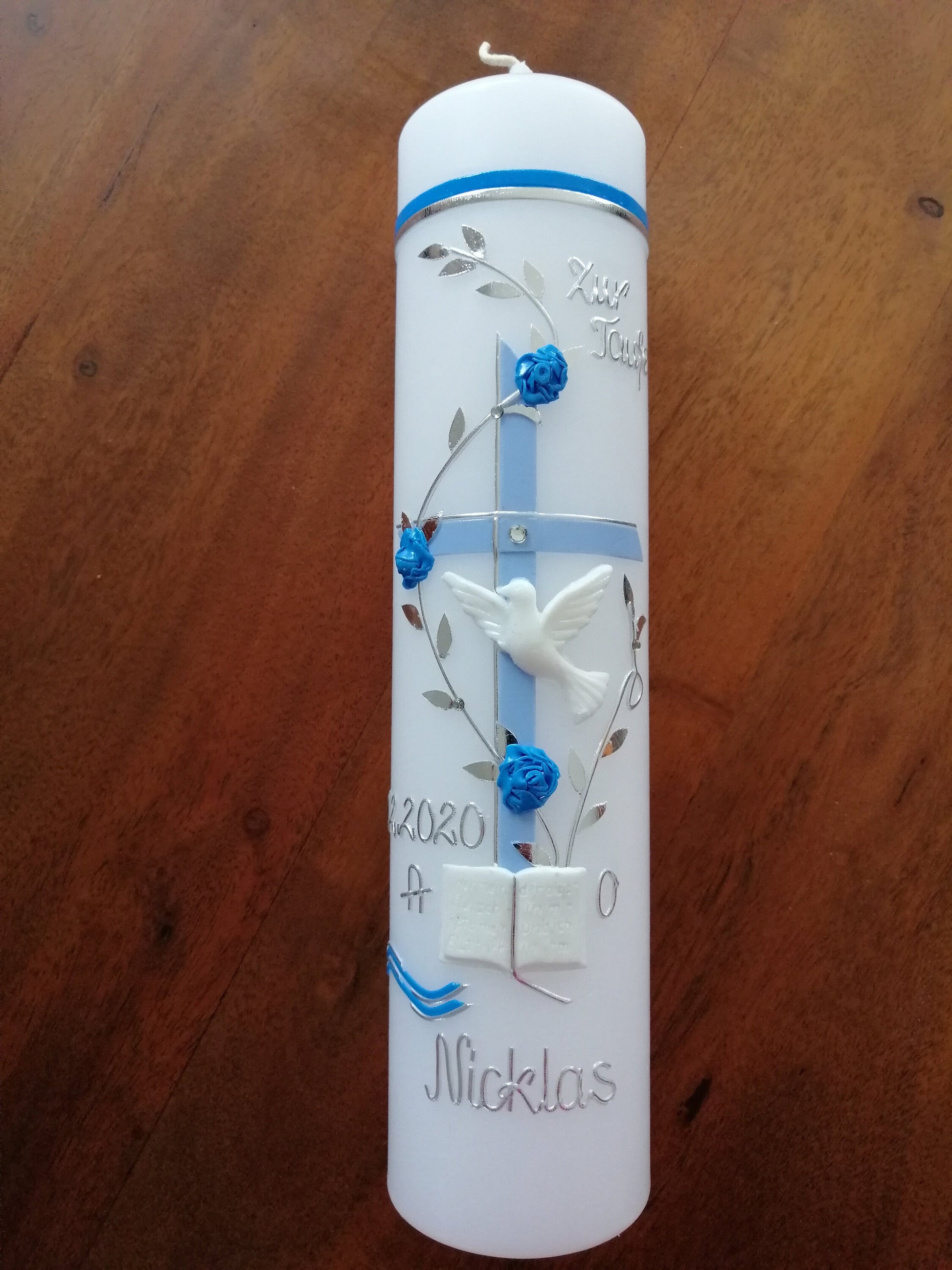 Taufkerze Junge Jungen inkl. Beschriftung handgemachte Wachsverzierungen und Wachsbeschriftungen keine Folie kein Druck Farbwünsche möglich