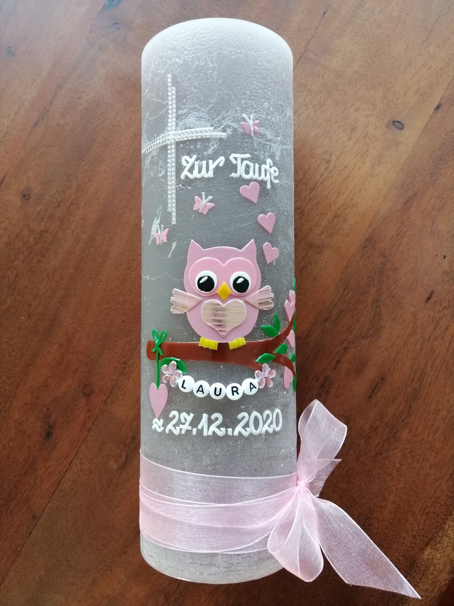 RUSTICA, VINTAGE-Look, SHABBY, Rustikal, Taufkerze, Eule, Uhu, Kauz, Käuzchen, Mädchen, Kerze, Taufe, keine Folie, Wachsbeschriftung