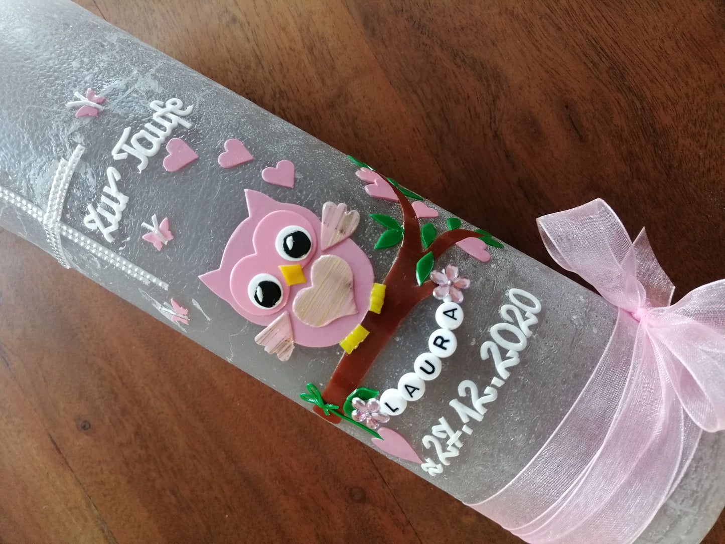 RUSTICA, VINTAGE-Look, SHABBY, Rustikal, Taufkerze, Eule, Uhu, Kauz, Käuzchen, Mädchen, Kerze, Taufe, keine Folie, Wachsbeschriftung