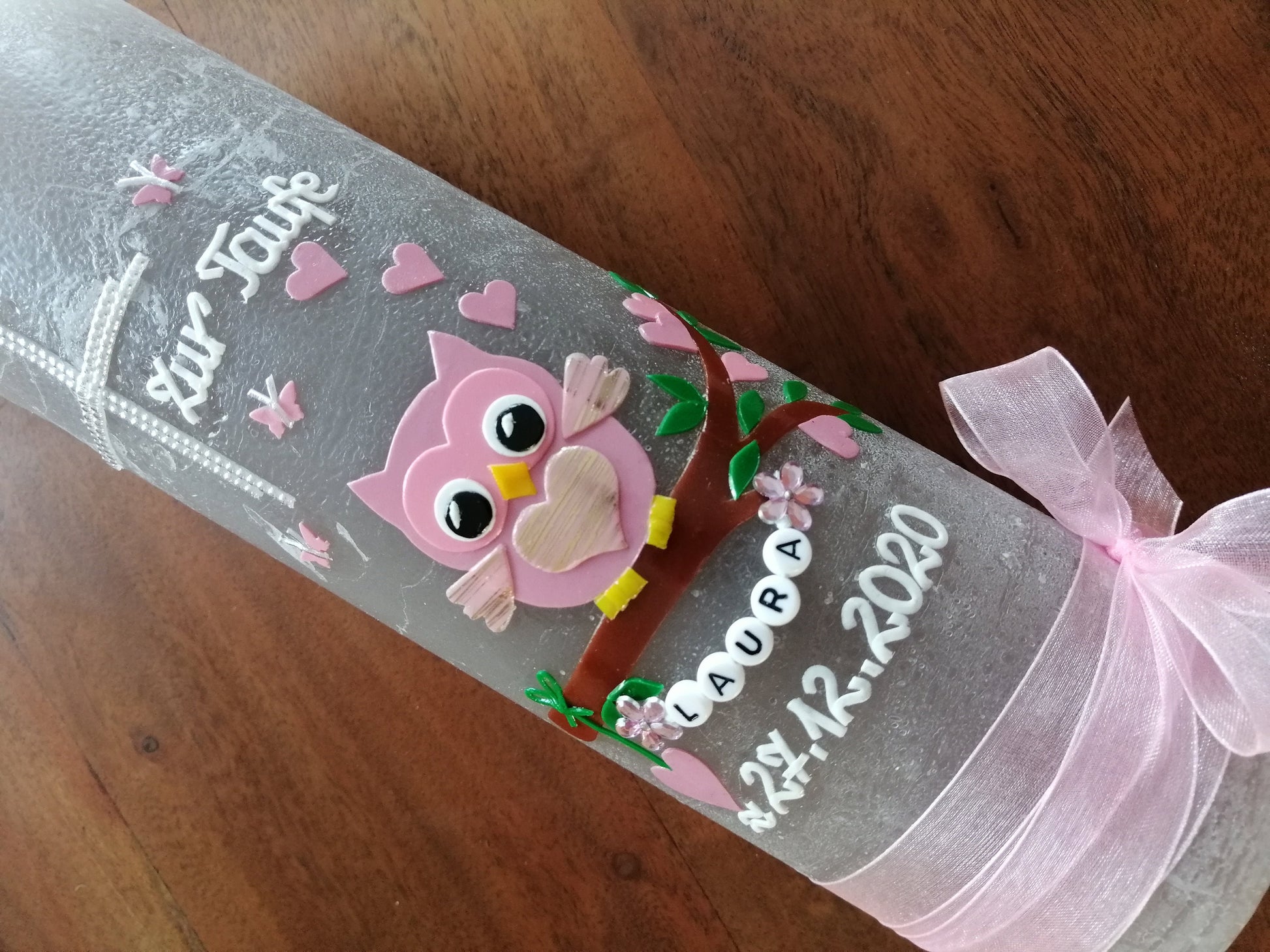 RUSTICA, VINTAGE-Look, SHABBY, Rustikal, Taufkerze, Eule, Uhu, Kauz, Käuzchen, Mädchen, Kerze, Taufe, keine Folie, Wachsbeschriftung