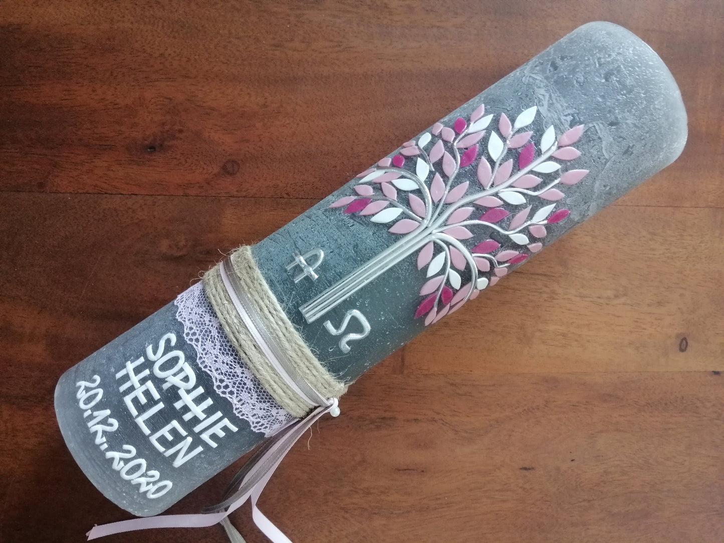 RUSTICA, VINTAGE-Look, SHABBY, Rustikal, Taufkerze, Lebensbaum, Baum, Mädchen, Junge, Kerze, Taufe, keine Folie, inkl Wachsbeschriftung