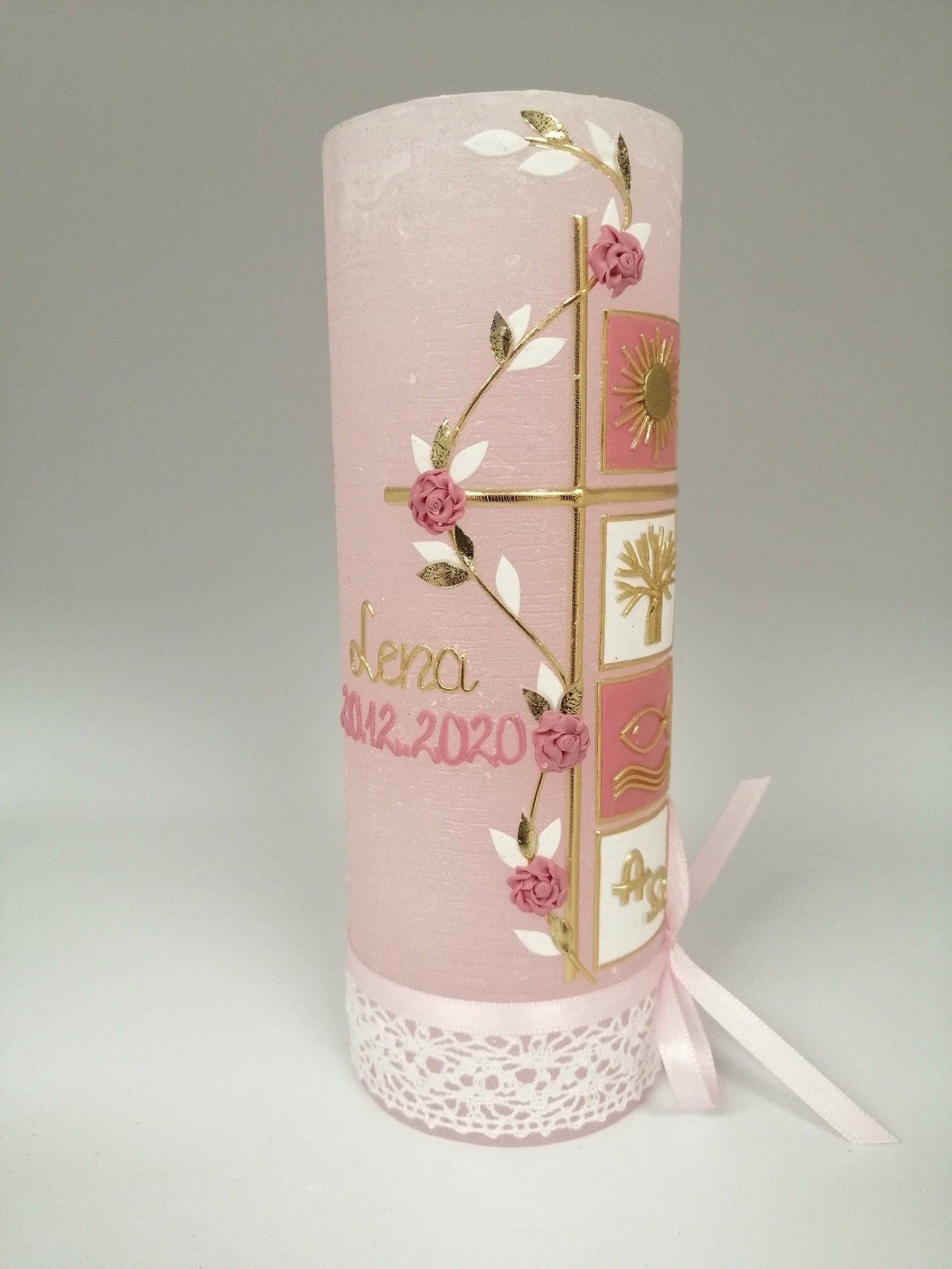 RUSTICA, VINTAGE-Look, SHABBY, Rustikal, Taufkerze, Quadrate, Ranke, Mädchen, Kerze, keine Folie, Wachsbeschriftung, Farbwünsche möglich