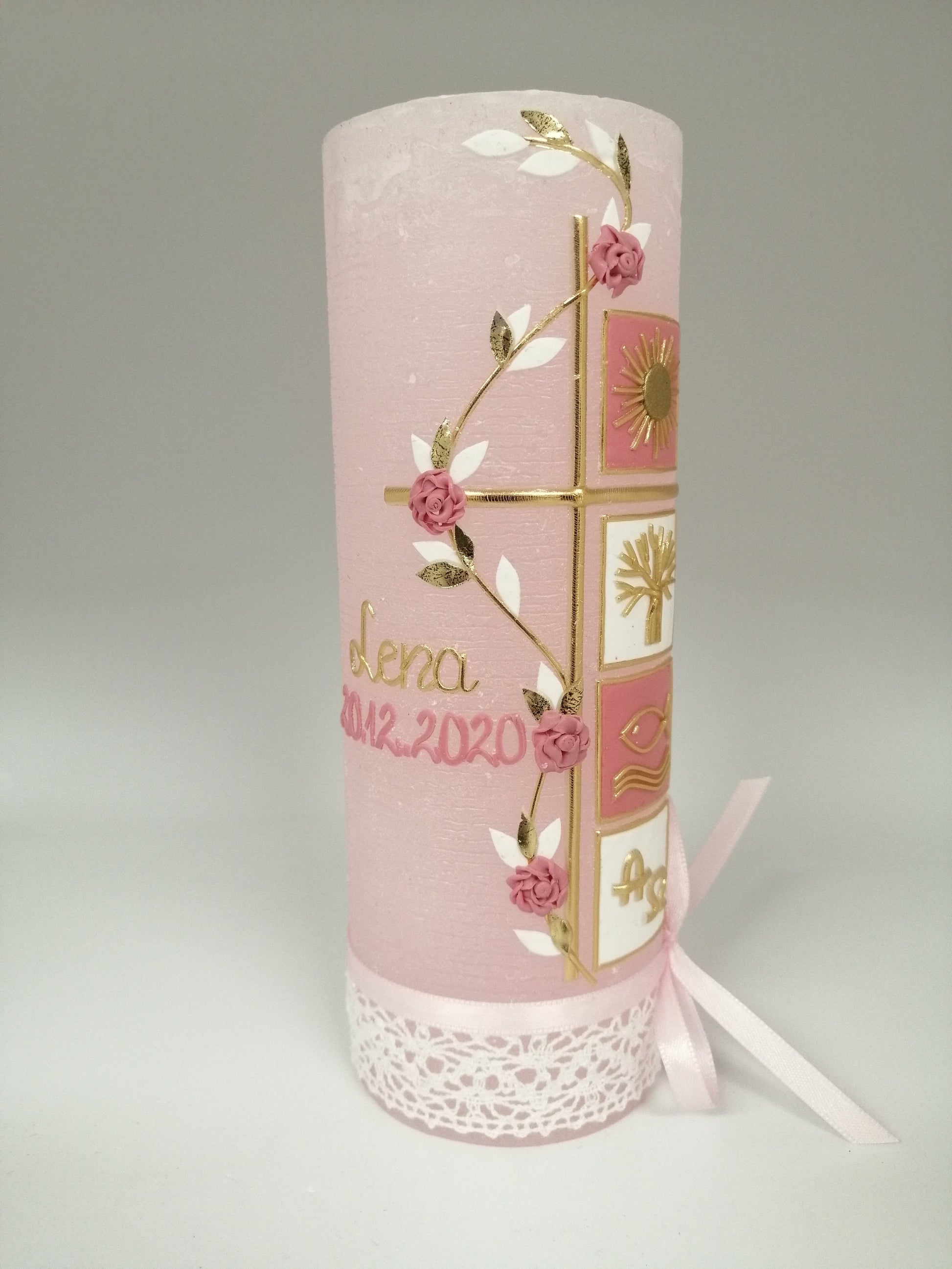 RUSTICA, VINTAGE-Look, SHABBY, Rustikal, Taufkerze, Quadrate, Ranke, Mädchen, Kerze, keine Folie, Wachsbeschriftung, Farbwünsche möglich