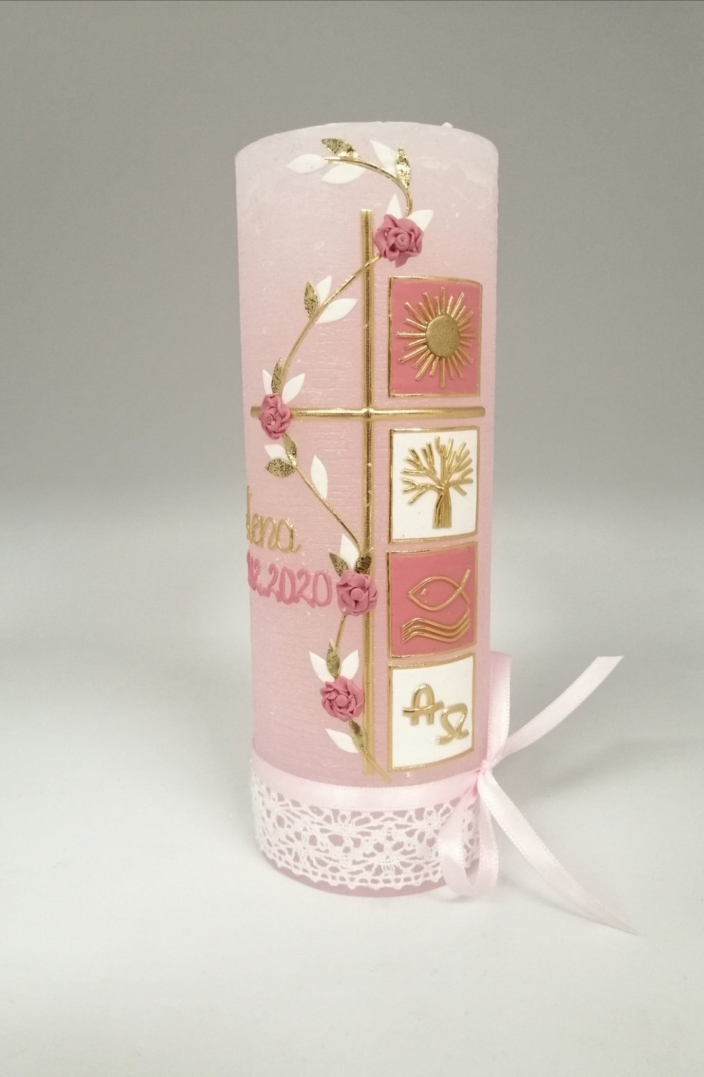 RUSTICA, VINTAGE-Look, SHABBY, Rustikal, Taufkerze, Quadrate, Ranke, Mädchen, Kerze, keine Folie, Wachsbeschriftung, Farbwünsche möglich