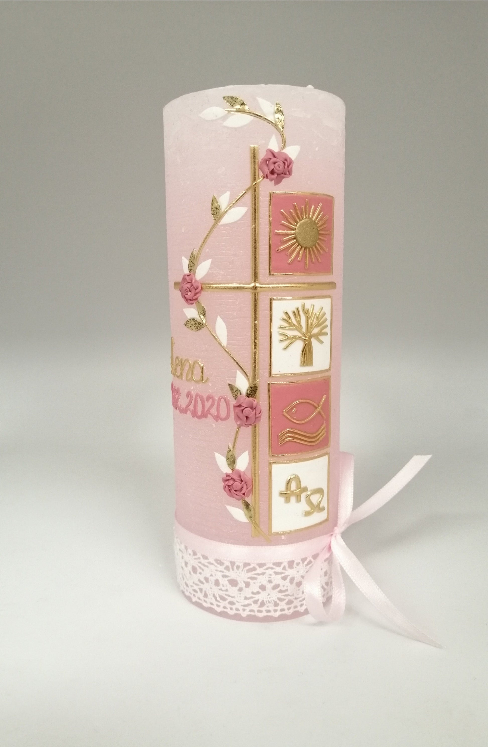 RUSTICA, VINTAGE-Look, SHABBY, Rustikal, Taufkerze, Quadrate, Ranke, Mädchen, Kerze, keine Folie, Wachsbeschriftung, Farbwünsche möglich