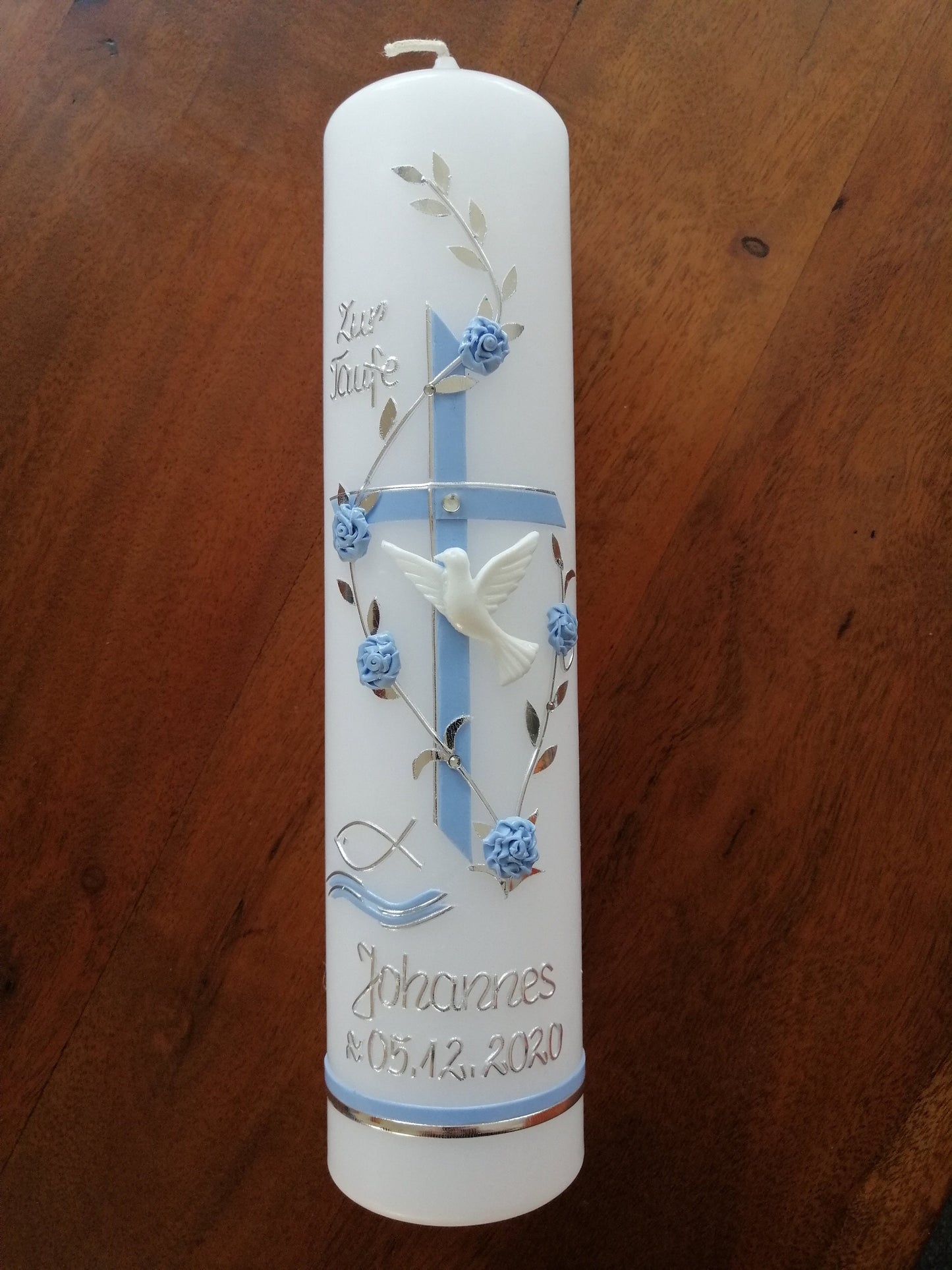 Taufkerze Junge Jungen inkl. Beschriftung handgemachte Wachsverzierungen und Wachsbeschriftungen keine Folie kein Druck Farbwünsche möglich