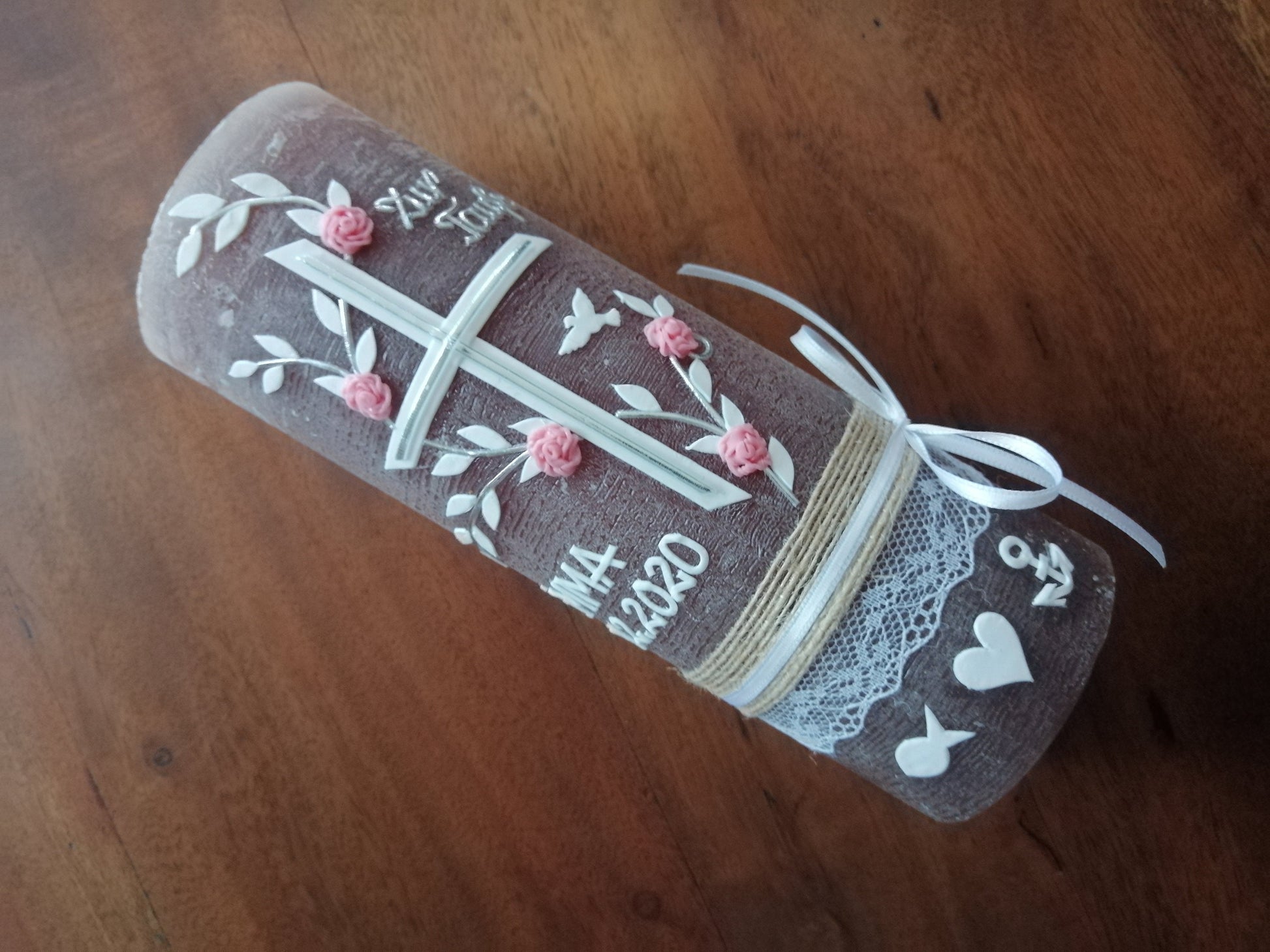 RUSTICA, VINTAGE-Look, SHABBY, Rustikal, Taufkerze, Kreuz, Ranke, Mädchen, Kerze, keine Folie, Wachsbeschriftung, Farbwünsche möglich