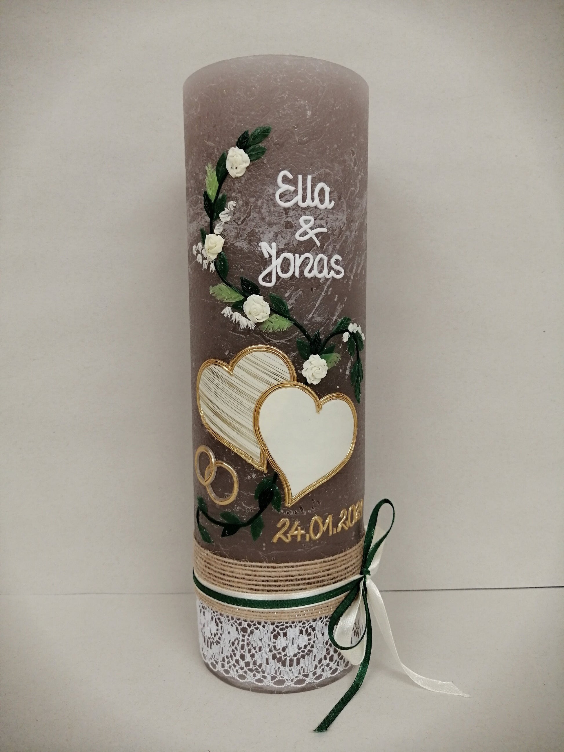 Hochzeitskerze Rustikal, Rustic Wedding Candle with Vintage Charm, Hochzeitkerze, Brautkerze, Liebende Herzen, inkl Wachsbeschriftung
